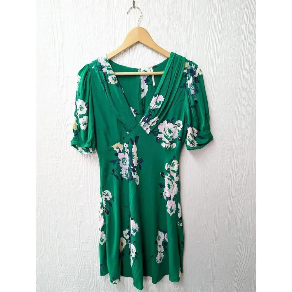 Free People Neon Garden Mini Dress Green Floral Preppy Dainty Women's Size 6
